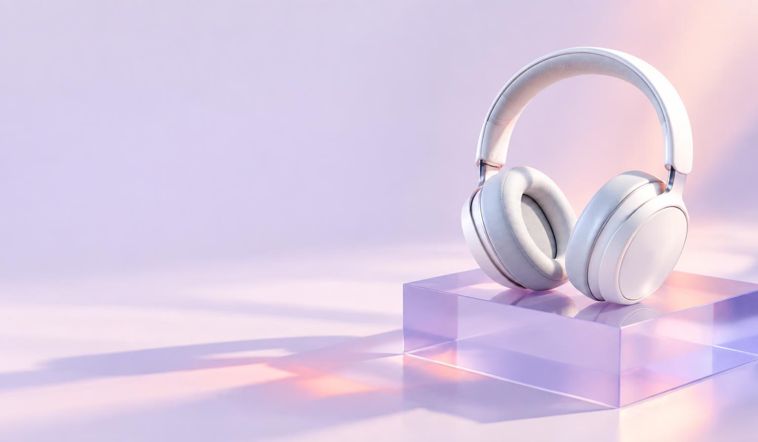 White studio headphones in a softly lit lavender space